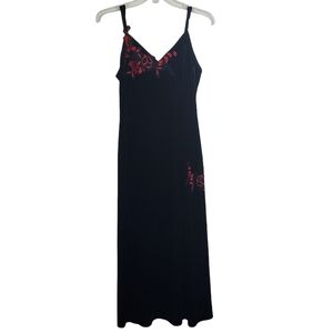 Black Velvet Slip Dress Embroidered Floral Y2K Whimsigoth Grunge Long Medium